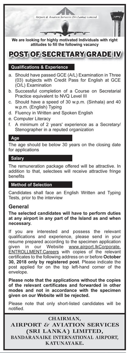 Secretary - Airport & Aviation Services (Sri Lanka) Ltd